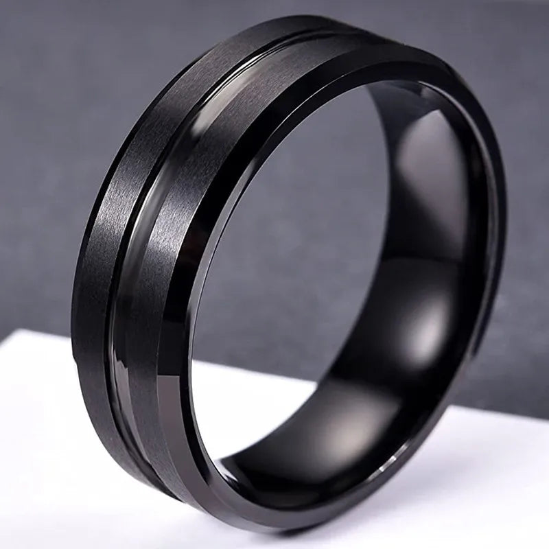 Gigi's Fashion 8mm Rings Black Groove Beveled Edge