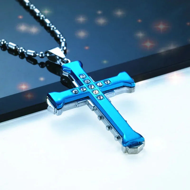 Gigi's Cross Jesus Necklace Gold/Black/Blue Color
