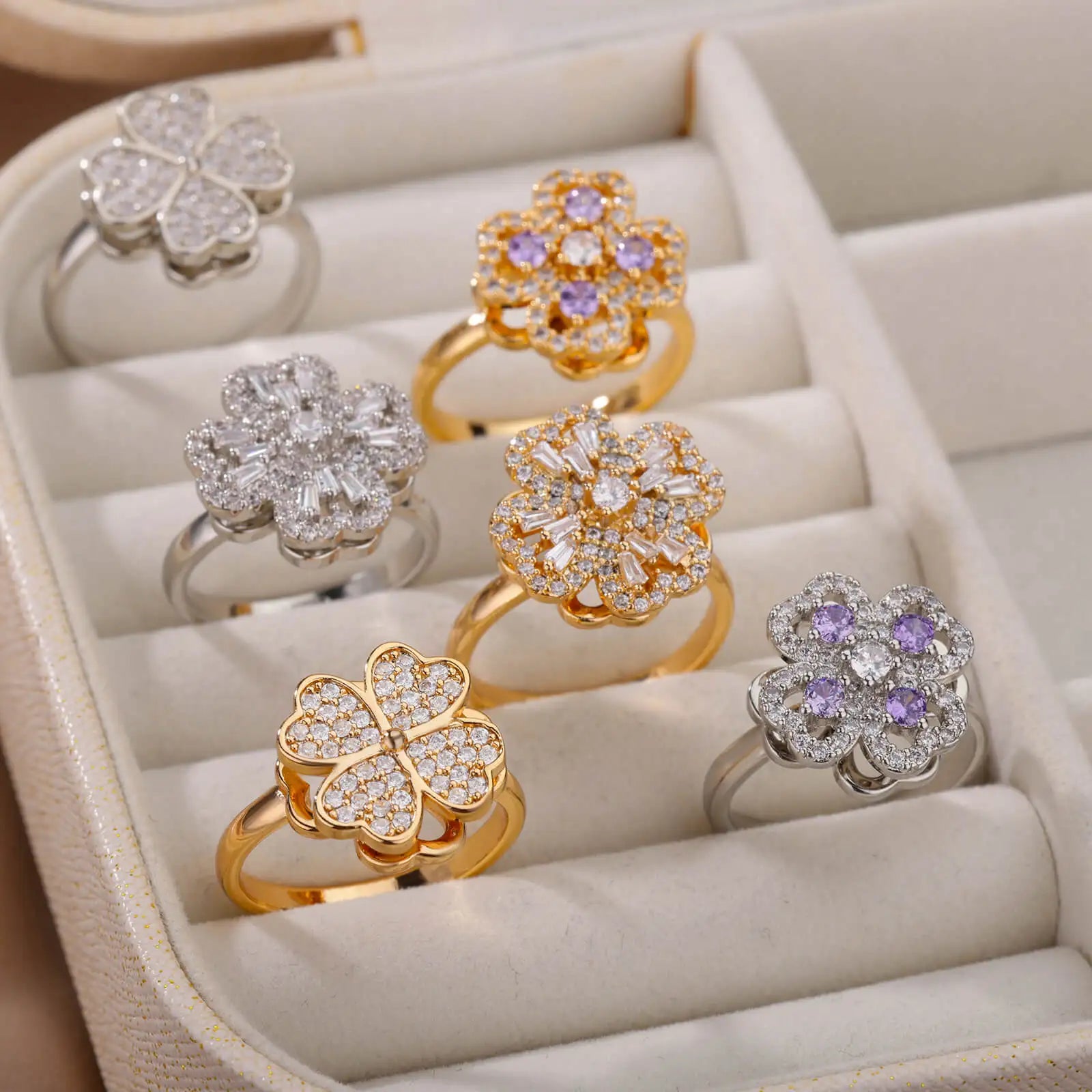 Gigi's Zircon Heart Four Leaf Clover Rings