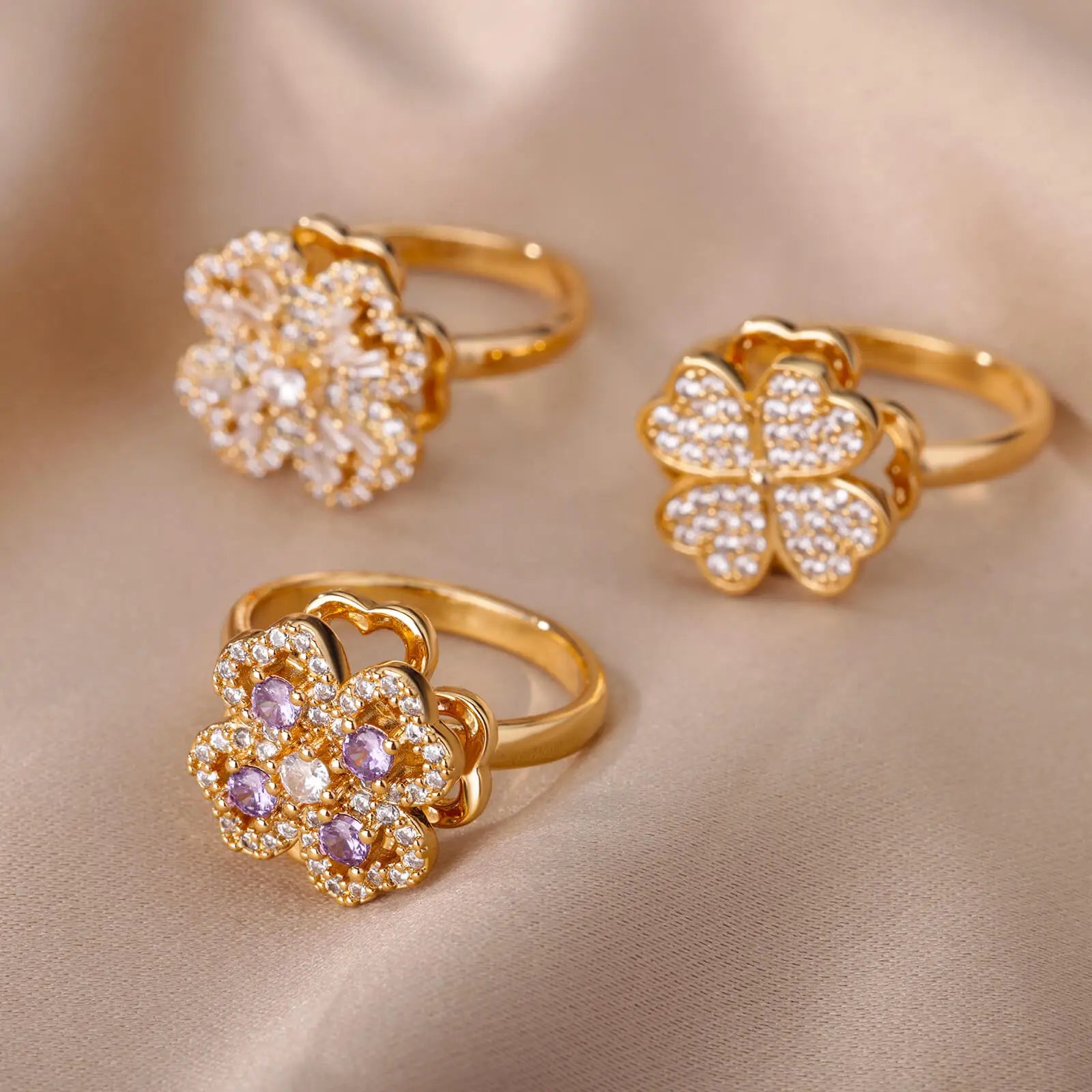 Gigi's Zircon Heart Four Leaf Clover Rings